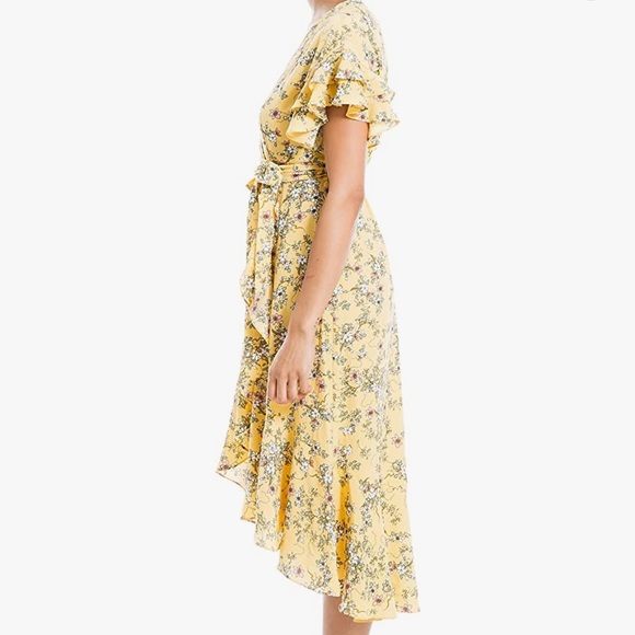 Max Studio High/Low Yellow Floral Ruffle Crepe Wrap Dress S - Picture 3 of 8